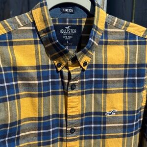 Hollister Plaid Flannel Shirt Men’s Large Yellow Blue Epic Flex Stretch Preppy